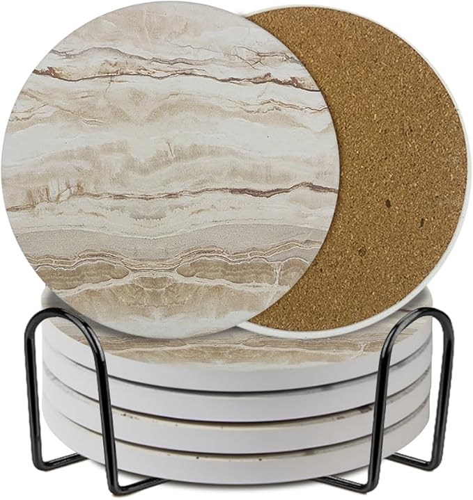 Ceramic Coasters Set of 6, Marble-Textured Design with Holder - Absorbent Cork-Backed Coasters for Cups, Bar & Coffee Table Decor Accessories (Khaki Marble, 4 Pack)