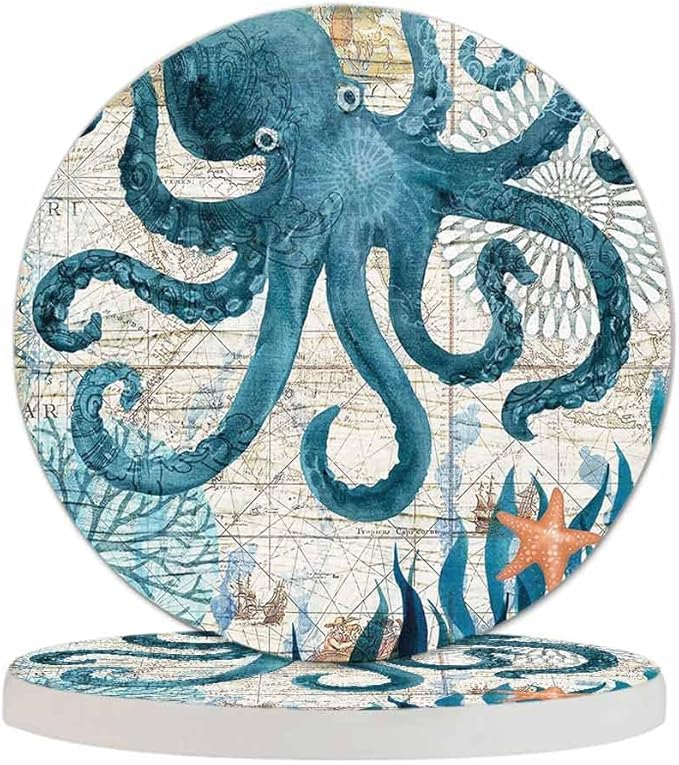 Grunge Octopus Drink Coasters Modern Sea Adventure Ocean Map Cool Marine Animal Wildlife Housewarming Presentss for New Home Present for Friends,2 Pcs,4 X 4 X 0.35 Inches