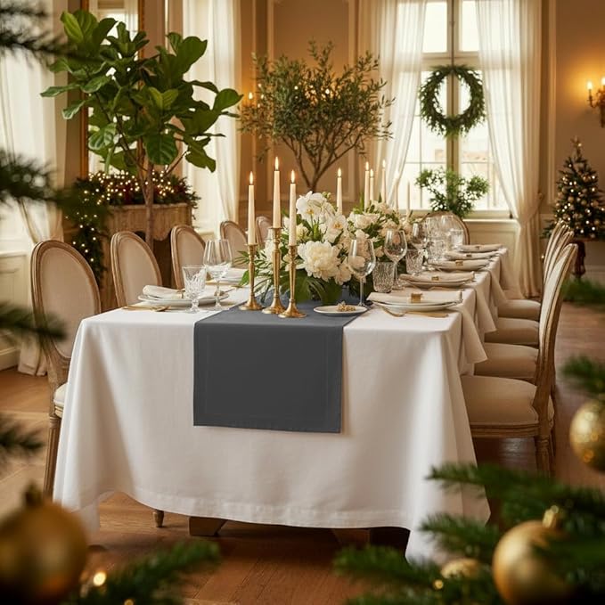 D'Moksha Homes Linen Charcoal Grey Table Runner 120 Inches Long - 100% Pure Linen Dining Table Runner 14 x 120 Inch for Spring, Easter - Machine Washable