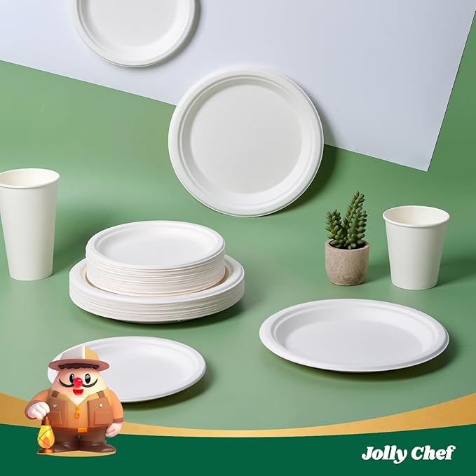 JOLLY CHEF Compostable Heavy Duty Plates 𝟳 𝗶𝗻𝗰𝗵 𝗮𝗻𝗱 𝟵 𝗶𝗻𝗰𝗵 [𝟭𝟮𝟬 𝗣𝗮𝗰𝗸] Eco-Friendly Disposable Paper Plates Bagasse Biodegradable Sugarcane for Party Hot Coold Food Christmas(White)