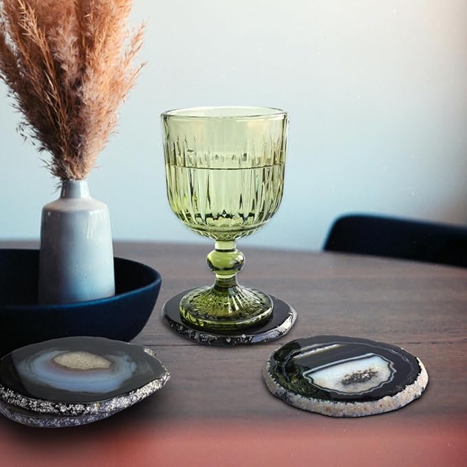 Black Agate Slices Geode Coasters Set of 4 with Rubber Bumpers - Unique 4-5 Inch Dyed Stone Drink Crystal Coasters Bulk for Home Decor, Coffee Table, Bar Accessories