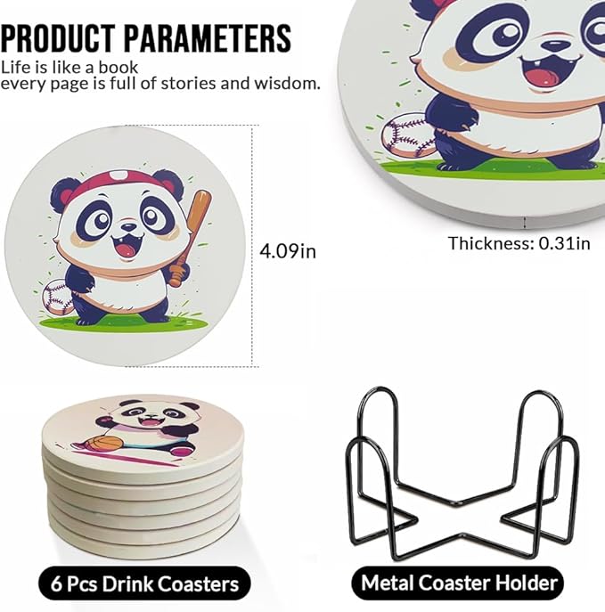 Ceramic Coasters Set of 6, Marble-Textured Design with Holder - Absorbent Cork-Backed Coasters for Cups, Bar & Coffee Table Decor Accessories (Panda, 6 Pack)