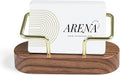 Business Card Holder for Desk, Minimalist Wooden Desk Organizer with Brass Metal Frame, Stylish Office & Home Decor for Professional Card Display(Walnut Oval)