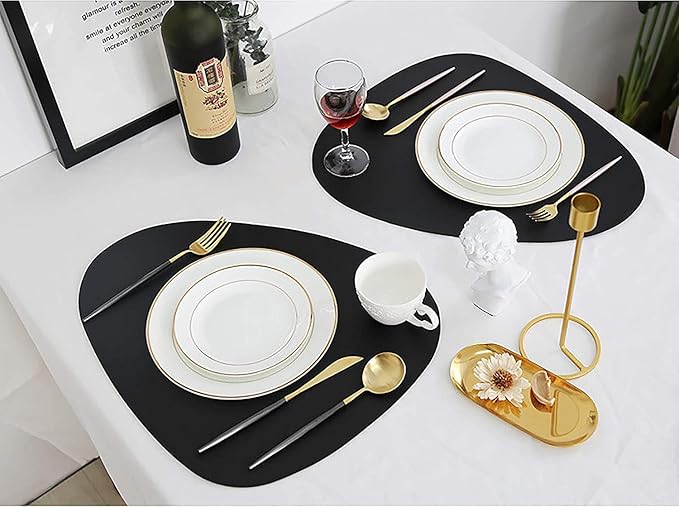 Placemats Set of 6, Faux Leather Placemats with Coasters, Black Table Mats Set of 6 Heat Stain Scratch Resistant Waterproof Washable Wipeable Place Mats for Dining Patio Table Kitchen