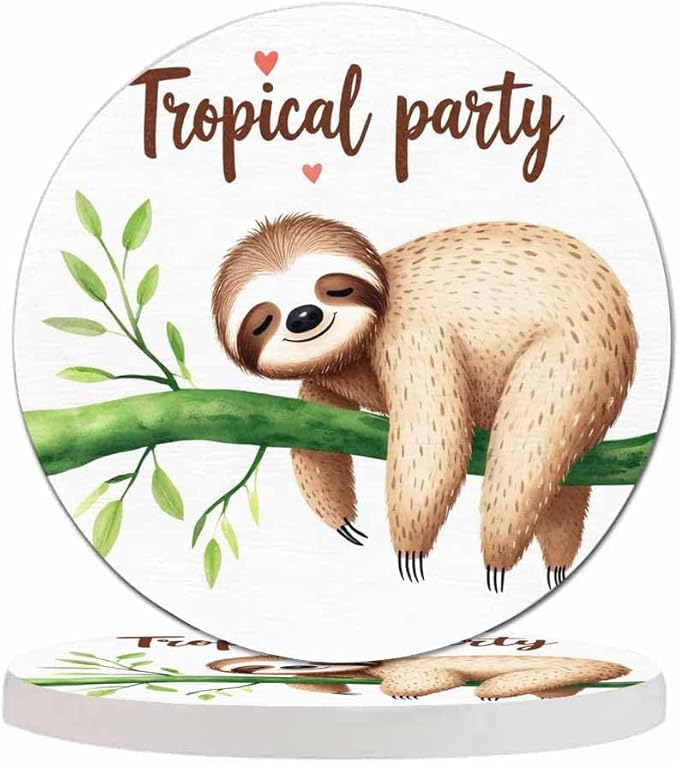 Sleeping Sloth Round Coaster for Home Coffee Table Cute Tropical Animal Smile Sleep Relax Nature Branch Botanical Farmhouse Drink Coasters 100% Diatomite 4''X 4''X 0.35'' Printed Pattern