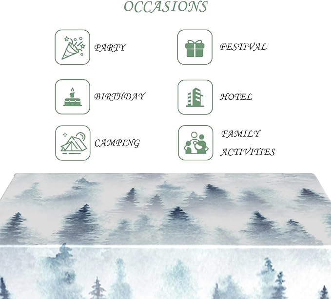 60x84 Inch Nordic Winter Nature Rectangle Tablecloth Misty Foggy Pine Trees Forest Table Cloth Waterproof Stain Resistant Table Cover for Kitchen Dining Picnic BBQ Home Holiday Party