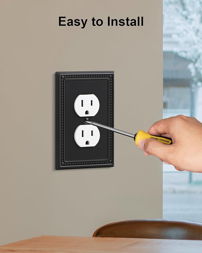 2-Pack Duplex Outlet Cover, Black Metal Wall Plates for Electrical Outlets, 1 Gang Receptacle Light Switch Cover, Pearls Beaded Decorative Switch Plates and Outlet Covers