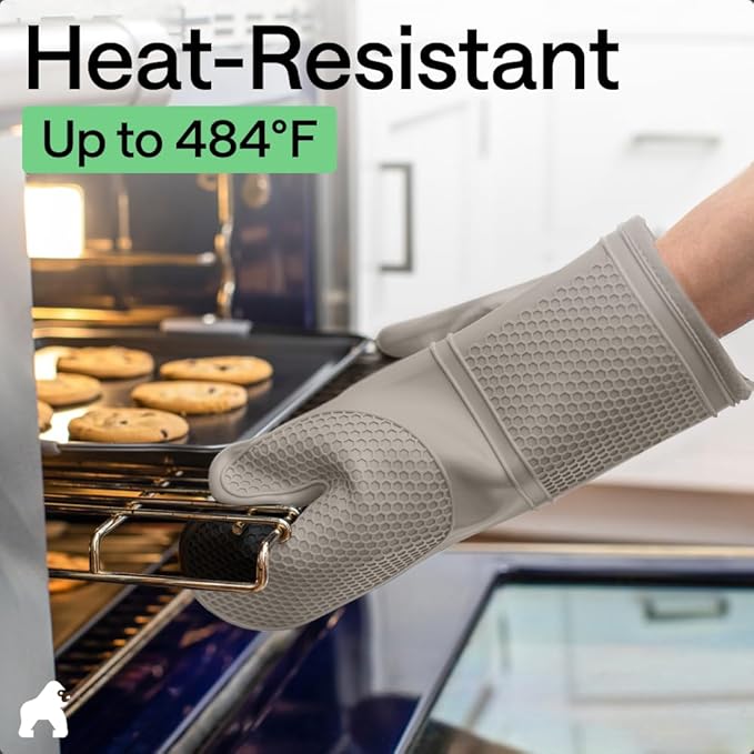 GORILLA GRIP BPA-Free Soft Silicone Oven Mitts, Heat Resistant and Waterproof Cooking Gloves, Thick Cotton Lining, Flexible Gripping for Baking Grilling, Kitchen Potholders Set of 2, 12.5x8.3, Almond
