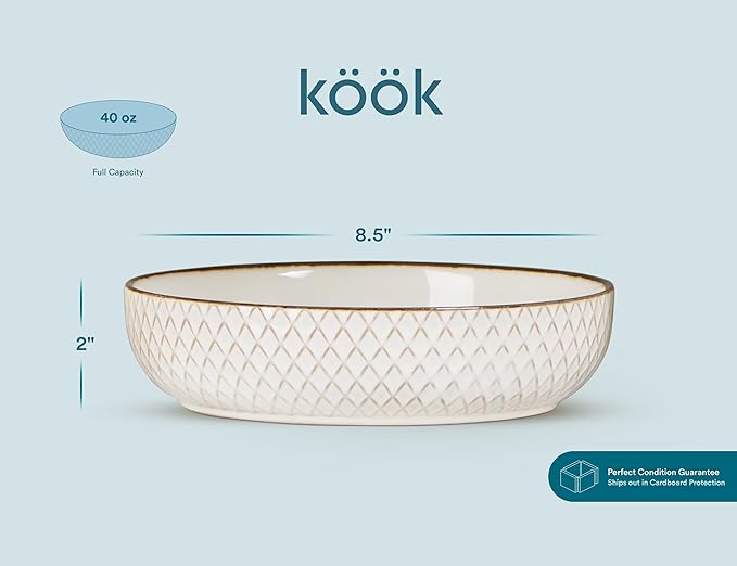 KooK Pasta Bowls, Ceramic, Embossed Serving Bowls For Stews and Salads, Large Capacity, Microwave & Dishwasher Safe, Ivory with Dark Copper Accents, Set of 4, 40 oz, Narbonne Collection