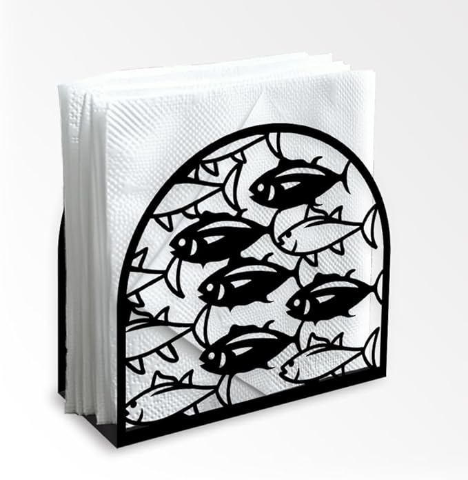 School of Fish Decorative Black Metal Napkin Holder for Table, 5.3"x4.9"x1.9" Shoal of Fish Ocean Animal Standing Napkin Holder for Home Kitchen Restaurant Picnic Coffee Bar Dining Room