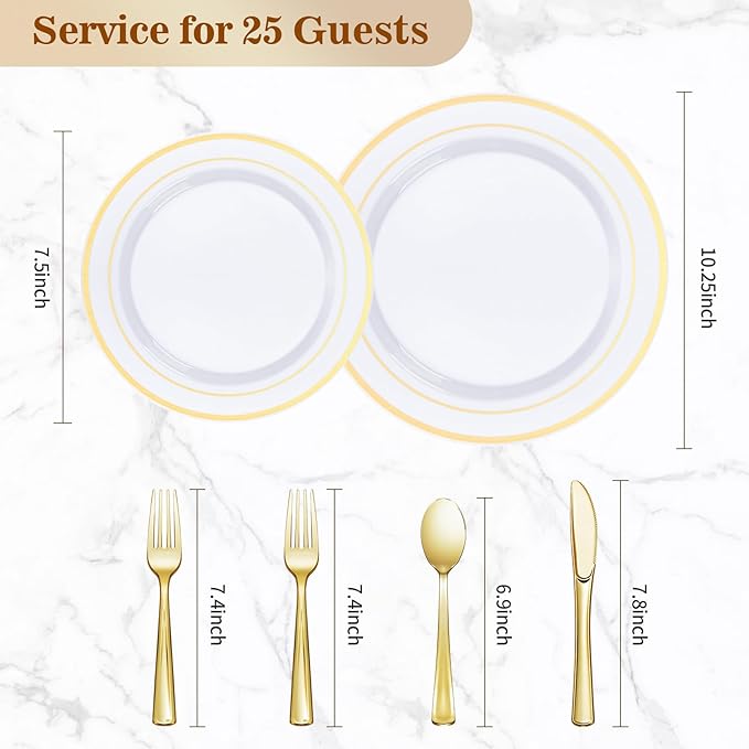 Bestvip 150PCS Gold Plastic Plate Set (25 Guests), Plastic Plates for Party Wedding Birthday, Disposable Dinnerware Set of 50 Plastic Plates, 50 Forks, 25 Spoons, 25 Knives