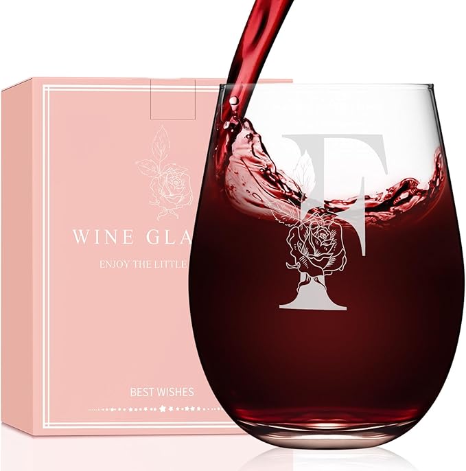 Valentines Day Gifts for Her, Gifts for Women Her Friend Mom Grandma Wife Sister Bridesmaid Nurse, Birthday Galentines Mothers Day Christmas, Personalized Initial Customized Wine Glasses 18OZ(F)