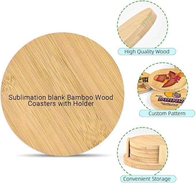 Sublimation Wood Coasters Blanks 4 Pack with Holder Bamboo Round Square Cup Coaster Mats for Sublimation Transfer Heat Press Printing DIY Crafts (Round)