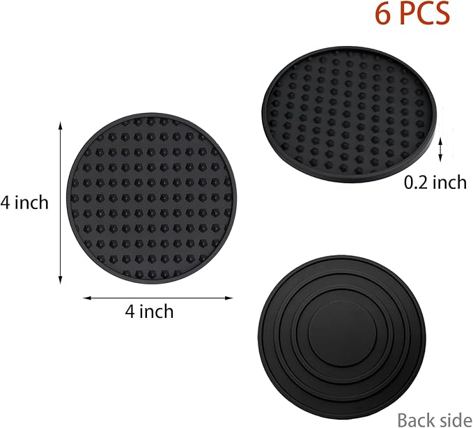 Set of 6 Silicone Coasters, 4'' Drink Coaster with Holder, Round Coasters for Drinks Beer Coffee Home Office Bar Desk Tabletop Protection, Non-Slip Rubber Coaster (Black, 6 Pcs-Plastic Holder)