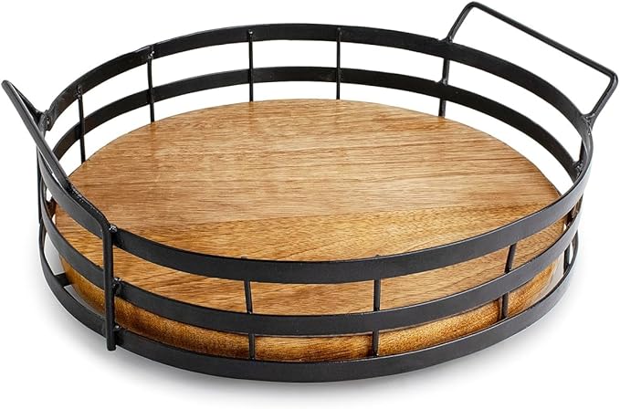 Lazy Susan Turntable Organizer with Handle, Cabinet Pantry Kitchen Countertop - Spinning Spice Rack - Large Round Serving Tray - Made Wood and Sturdy Iron Bars