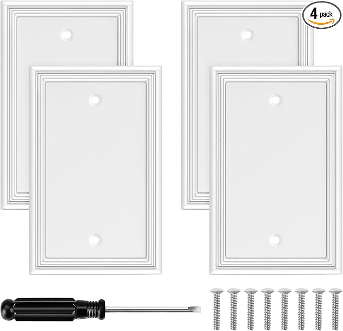 White Modern Decorative Wall Plate Light Switch Cover Decorator Outlet Covers Rocker Switch Plates Bamboo Fiber Material Wall Plates for Kitchen Bathroom (1 Gang Single Blank-4 Pack)