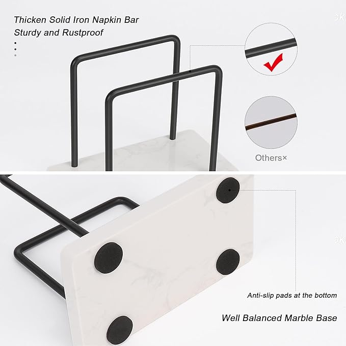 Livabber Napkin Holder, Metal Napkin Storage Modern Freestanding Tissue Paper Dispenser for Table Kitchen Countertop (Marble Base, Black)