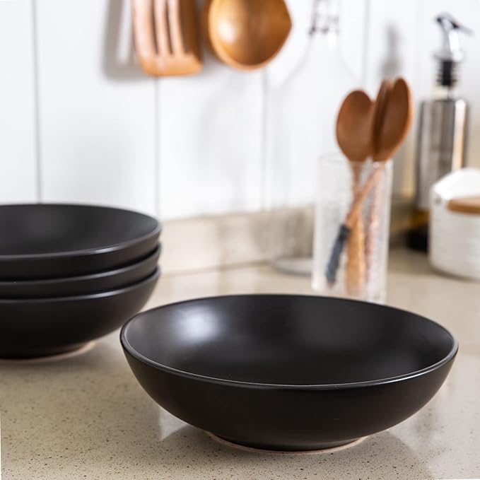 AmorArc 8.75‘’ Large Pasta Bowls, 42 ounce Deep Stoneware Bowls Set of 4 for Kitchen, Wide Bowl for Pasta/Salad/Fruit/Oatmeal/Soup, Microwave&Dishwasher Safe-Matte Black