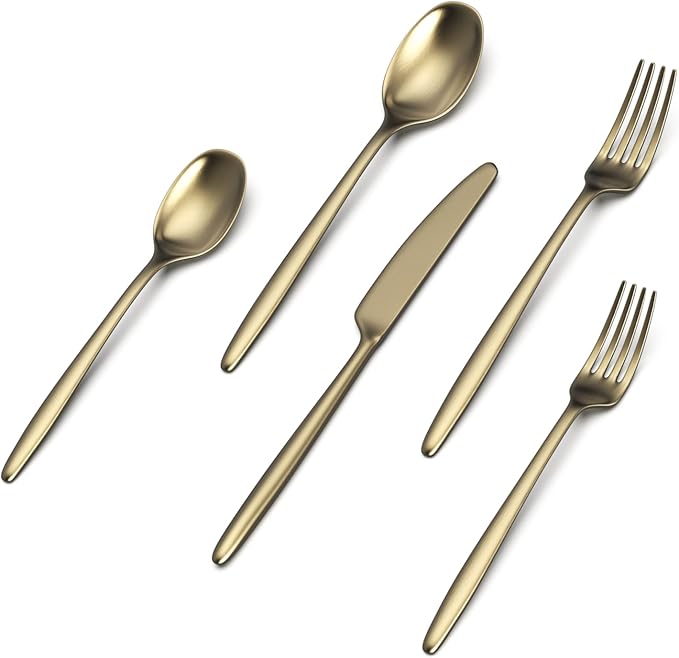 JazzUpCo Ava Flatware Flatware non toxic 18/10 stainless steel dishwasher safe (Matte Champagne Gold, 4 Person Set (20 Pieces))