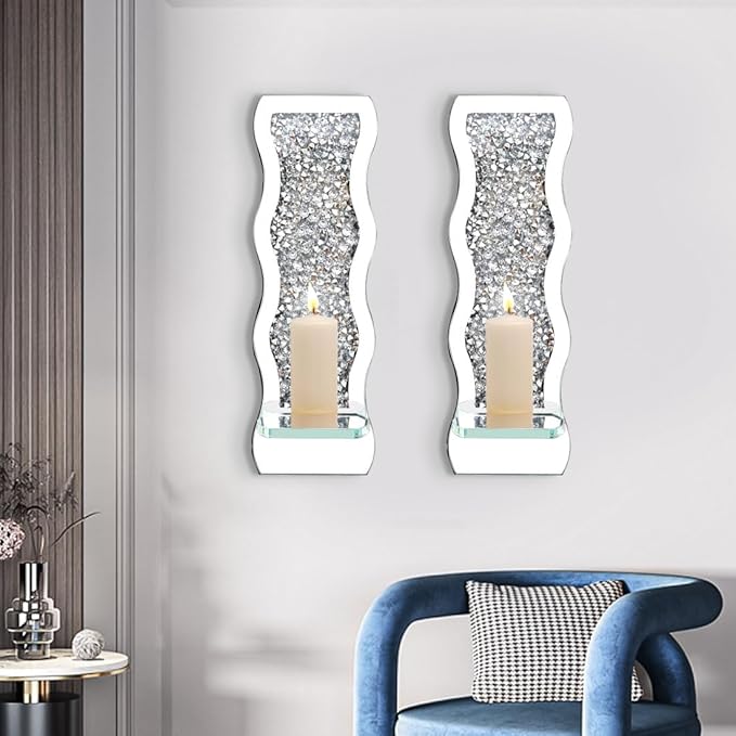 Pibeyer Mirrored Candle Sconces with Acrylic Diamond, Crushed Diamond Wall Candle Holders, Home Décor