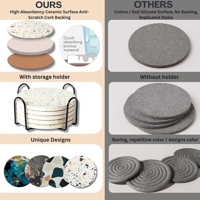 Absorbent Terrazzo Drink Coasters with Holder, Set of 6 Ceramic Stone Coasters for Drinks, Water-Absorbing Coffee Coasters for Coffee Table Decor (Sunset)