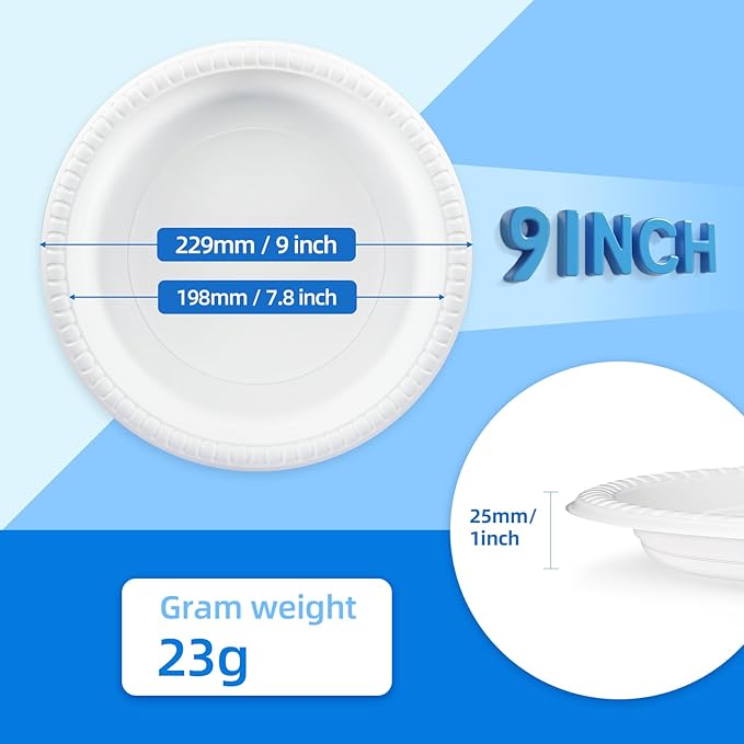 YANGRUI Plastic Plates Shrink Wrap 9" 150 Pack - BPA Free Mineral Filled PP | Dishwasher Freezer & Microwave Safe | Reusable & Disposable Heavy Duty | Commercial White Shatter Resistant Party Plate