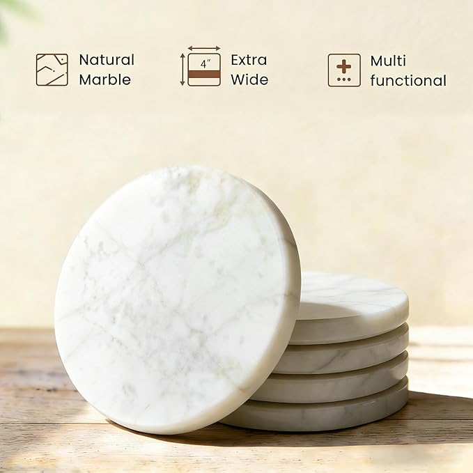 Natural Marble Coasters, Round Costers, Luxury Aesthetic Modern Decor for Coffee Table Bar Kitchen Home, White Marble, Real Natural Semi Absorbent Stone Coasters