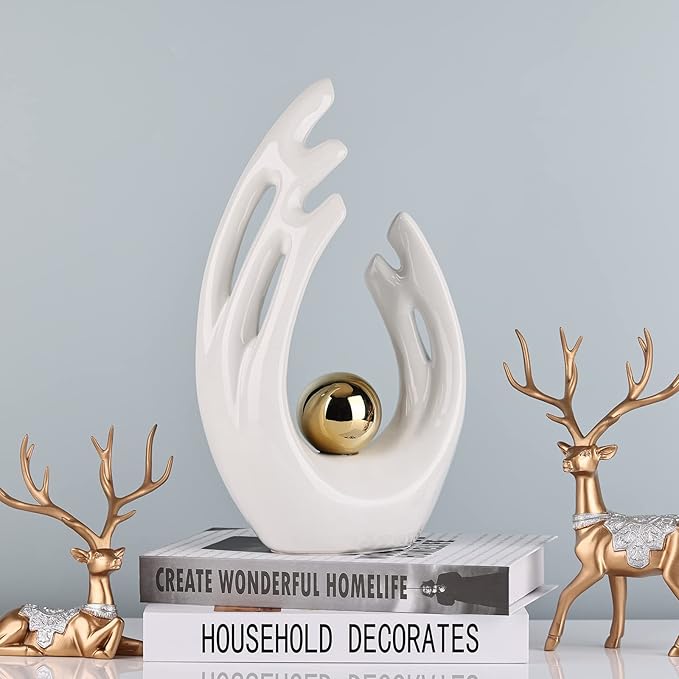 12" H White Gold Aesthetic Room Decor Accent, TV Stand Funky Table Centerpiece, Abstract Art Ceramic Statue and Sculpture, White Decor for Living Room, Bookshelf Decorative Objects, Shelf Decor