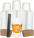 120 Pack 16 oz Paper Coffee Cups Set, Disposable White Coffee Cups with Lids, Sleeves and Stirring Sticks, Fit For Cold and Hot Drinks