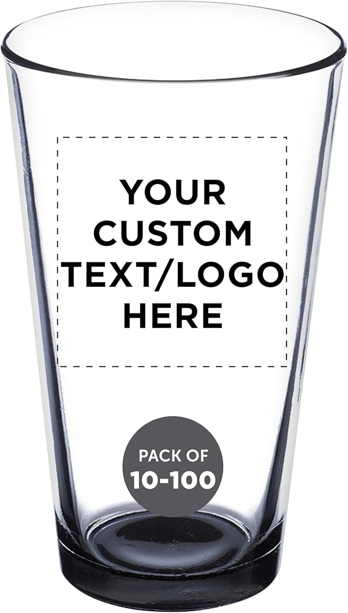 DISCOUNT PROMOS Custom Beer Pint Glasses 16 oz. Set of 10/50/100, Personalized Bulk Pack - Heavy Duty Glassware for Restaurant, Thick Base and Walls, Stackable - Black