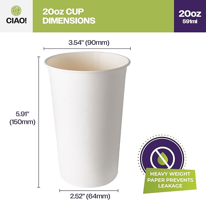 CIAO! 20oz White Paper Hot Cup, Disposable, 90mm Diameter 600 Count