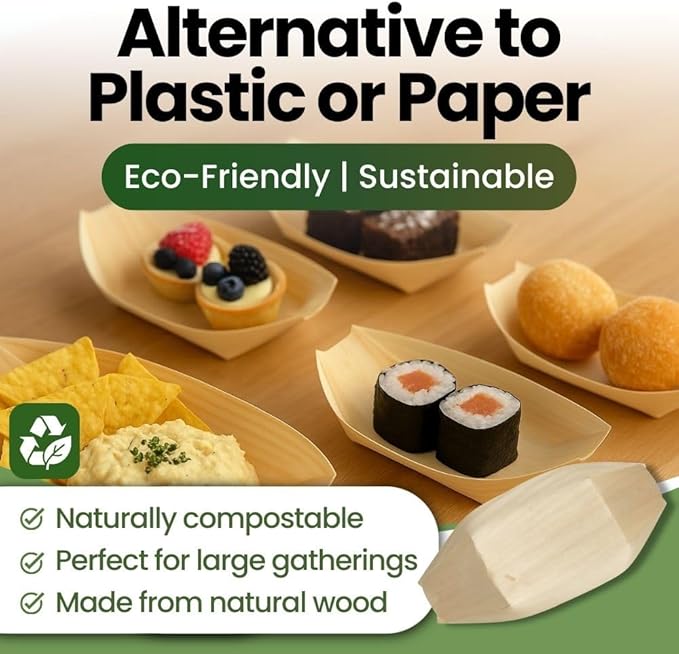 Dtocs 135mm Disposable Wooden Boat Plates 50 Pcs. Biodegradable Wood Serving Boats | Eco-Friendly Food Boats for Sushi, Desserts, Appetizers, Snacks | Alternate to Plastic, Bamboo, Paper Plates