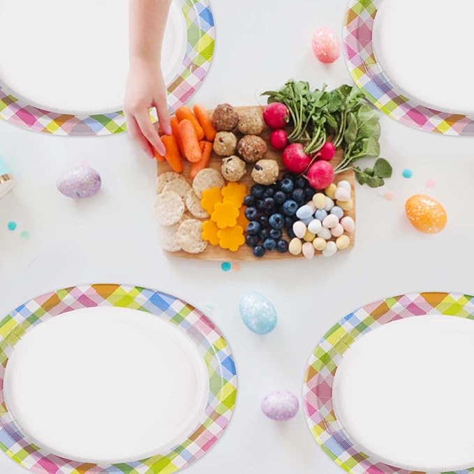 50Pcs Easter Oval Paper Plates 10" x 12" Large Disposable Heavy Duty Color Easter Buffalo Plaid Checkered Paper Platters Spring Rainbow Dessert Plates for Holiday Dinner Birthday Party Supplies