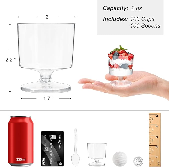 Zezzxu 2 oz Mini Dessert Cups with Spoons, 100 Pack Disposable Appetizer Cup Mousse Cups Small Plastic Wine Glasses for Serving Individual Pudding Shots, Cocktail, Trifle