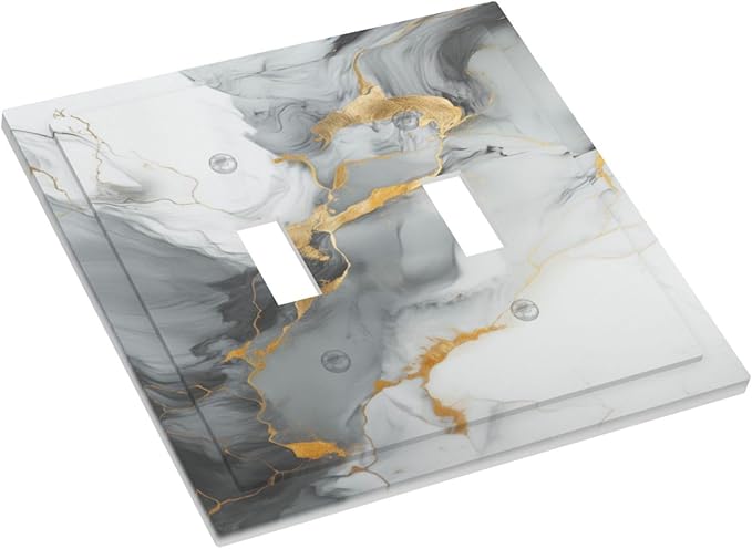 Decorative Light Switch Cover Gray/Gold Marble Abstract Modern Luxury 2 Gang Wall Plate Double Toggle Switch Plate Receptacle Electrical Outlet Cover Switchplate for Bathroom Bedroom（2 Pack）