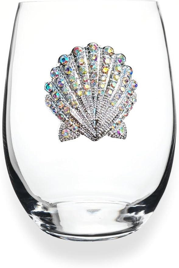THE QUEENS' JEWELS Seashell Jeweled Stemless Wine Glass, 21 oz. - Unique Gift for Women, Birthday, Cute, Fun, Not Painted, Decorated, Bling, Bedazzled, Rhinestone