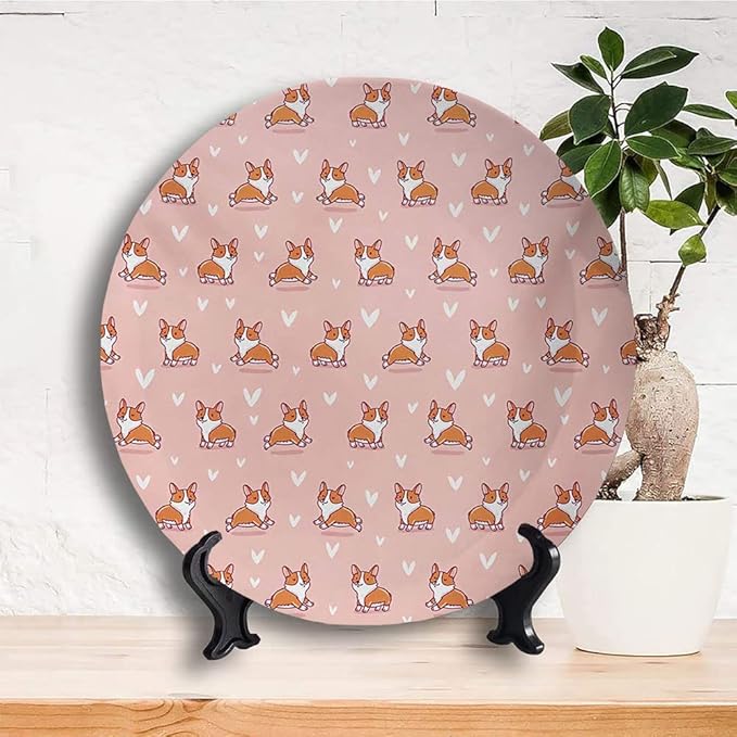 Decorative Plates, Dog Lover Print Ornament, Cute Little Corgi Jumping Running and Standing, 7 Inch, 1 Plate with 1 Display Stand, Coral Orange White