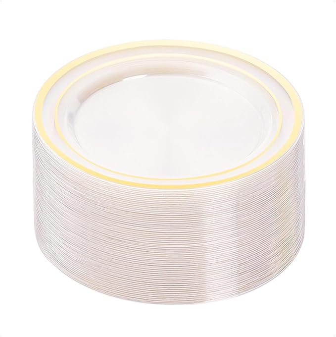 BESTVIP 50PCS Clear Gold Plastic Plates, 10.25 Inch Disposable Dinner Plate Party with Gold Rim, Heavy Duty Disposable Plastic Plates for Christmas, Thanksgiving, Party, Wedding and Birthday