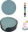 Set of 6 Silicone Coasters, 4'' Drink Coaster with Holder, Round Coasters for Drinks Beer Coffee Home Office Bar Desk Tabletop Protection, Non-Slip Rubber Coaster (Blue, 6 Pcs-Plastic Holder)