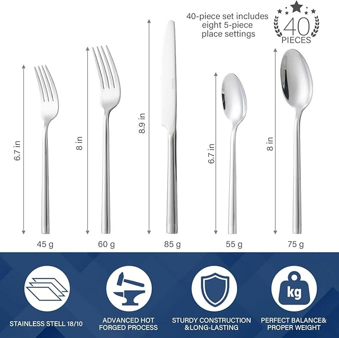 40-Piece Silverware Set for 8，Minimalist Flatware Set 18/10 Stainless Steel，Fine Cutlery Set with Forks, Knives, Spoons，Durable and Elegant Design Tableware，Dishwasher Safe
