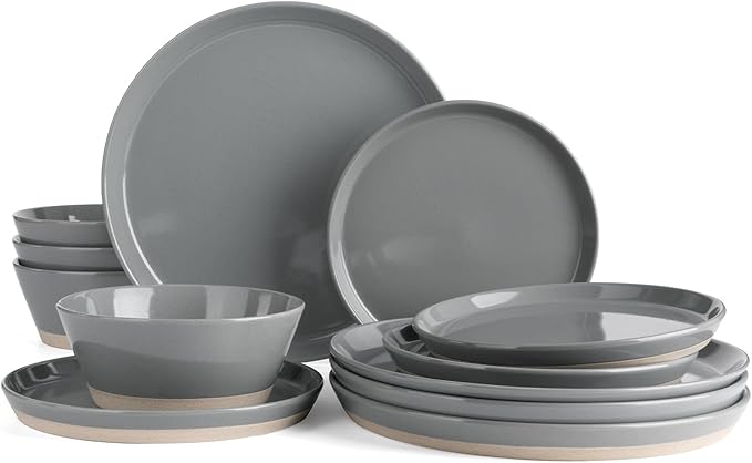 Famiware Saturn Dinnerware Sets for 4, 12 Pieces Stoneware Plates and Bowls Dish Set - Chip and Scratch Resistant, Microwave and Dishwasher Safe Tableware, Dark Gray