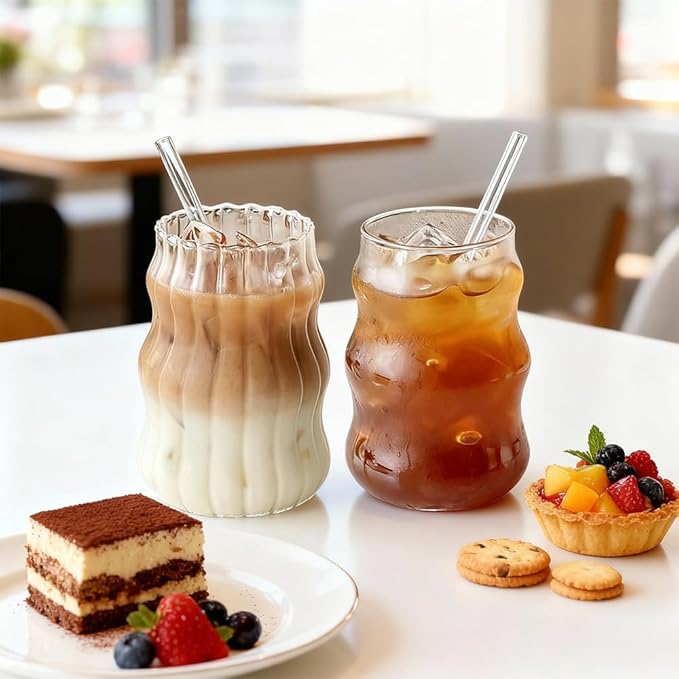 2 Pcs Ribbed Glass Cups, 18 Oz Vintage Drinking Glassware with Wave Shape Design, Bubble Cups for Iced Coffee, Juice, Beverage, Milk, Cocktails, Bubble Tea, and More
