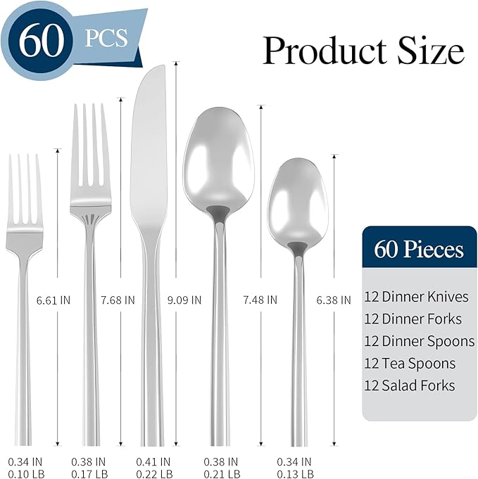 Silverware Set 60-Piece Hand Forged Stainless Steel Cutlery, Mirror Silver Thick Hexagon Handle Flatware Sets, Service for 12