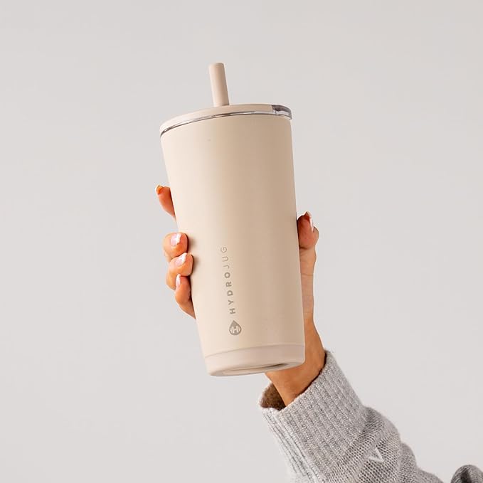 HydroJug Everyday Tumbler 20 oz – Ceramic-Lined Insulated Tumbler with Straw and Soft-Touch Lid, Cup Holder Friendly, Double-Wall Vacuum Insulation, Reusable Travel Cup – Dune