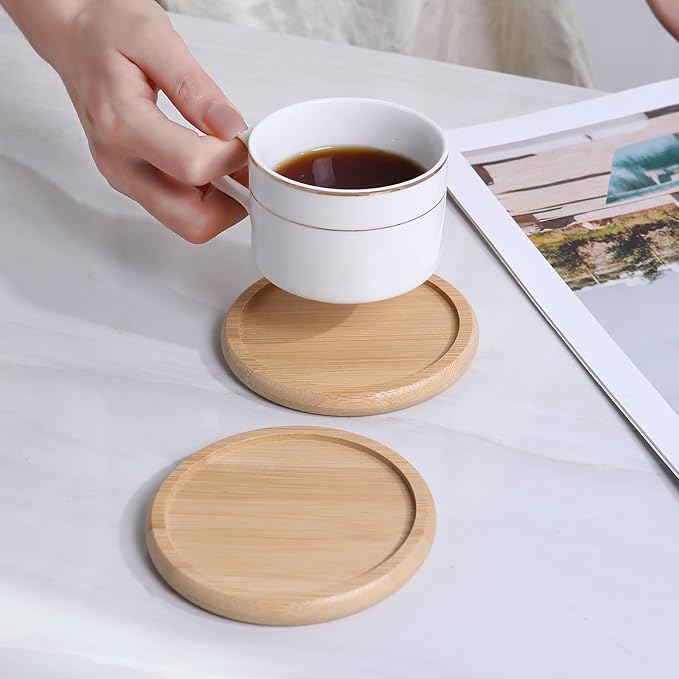 Bamboo 4 inch coaster [8 pcs] Coasters with Holder - Drinking Coasters - Cup Mat for Drinks - Live for Hot or Cold Drink - Non-slip and non-stick,Suitable for Kinds Cups and Living Room Decor
