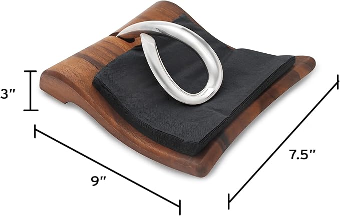 nambe Breeze Napkin Holder | Tabletop Napkin Tray for Parties, Weddings, and Events | Made of Acacia Wood and Stainless Steel | Measures at 9" x 7.5" x 3" | Designed by Neil Cohen