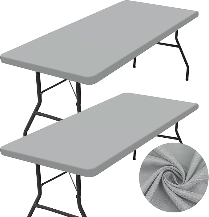 homing 2 Pack Rectangle Table Cloth, Elastic Fitted Fabric Tablecloth Fits for 4 Foot Folding Tables, Washable Table Cover for Picnic, Camping, Indoor & Outdoor (Light Grey, 30" x 48")