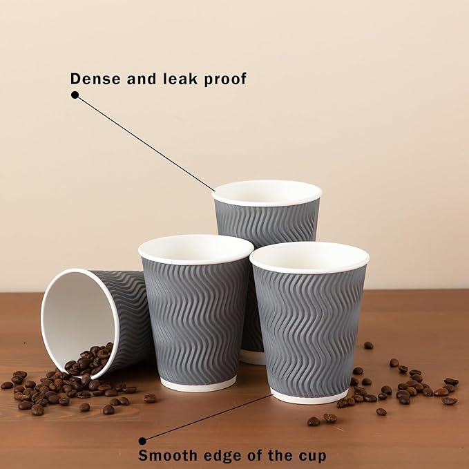Coffee Cups 12 oz 120 Pack, Corrugated Insulated Ripple Wall Disposable Paper Coffee Cups 12oz, To Go for Hot Beverage or Cold Drinks Office/Home/Cafe/Party/Travel (Gray) | Corrugated, Insulated, Ripple Wall, Disposable, 12oz, To Go