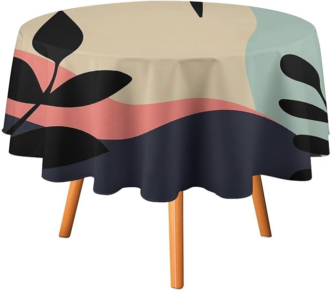 Medieval Bohemian Abstract Round Tablecloth, Mid Century Modern Leaves Geometric Tablecloth for Home Party Dining Room Kitchen Decor 50Inch(127cm)