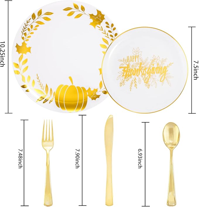 Ciaell 125PCS Thanksgiving Plastic Plates - Fall Pumpkin Disposable Plates White and Gold Heavy Duty Dinnerware Set include 25Dinner Plate, 25Desset Plate, 25Knives, 25Forks, 25Spoons for Thanksgiving